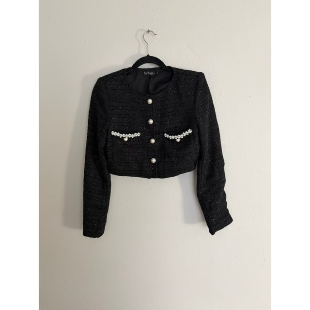 Blithem Women Black Tweed Cropped Jacket Faux Pearl Button Embellished Size S